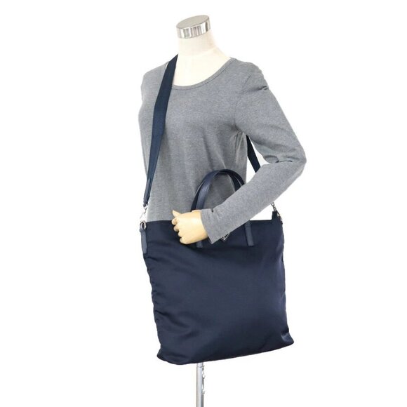 Auth PRADA Logo Handbag Shoulder Bag Navy Nylon/Leather/Silvertone - Picture 14 of 14